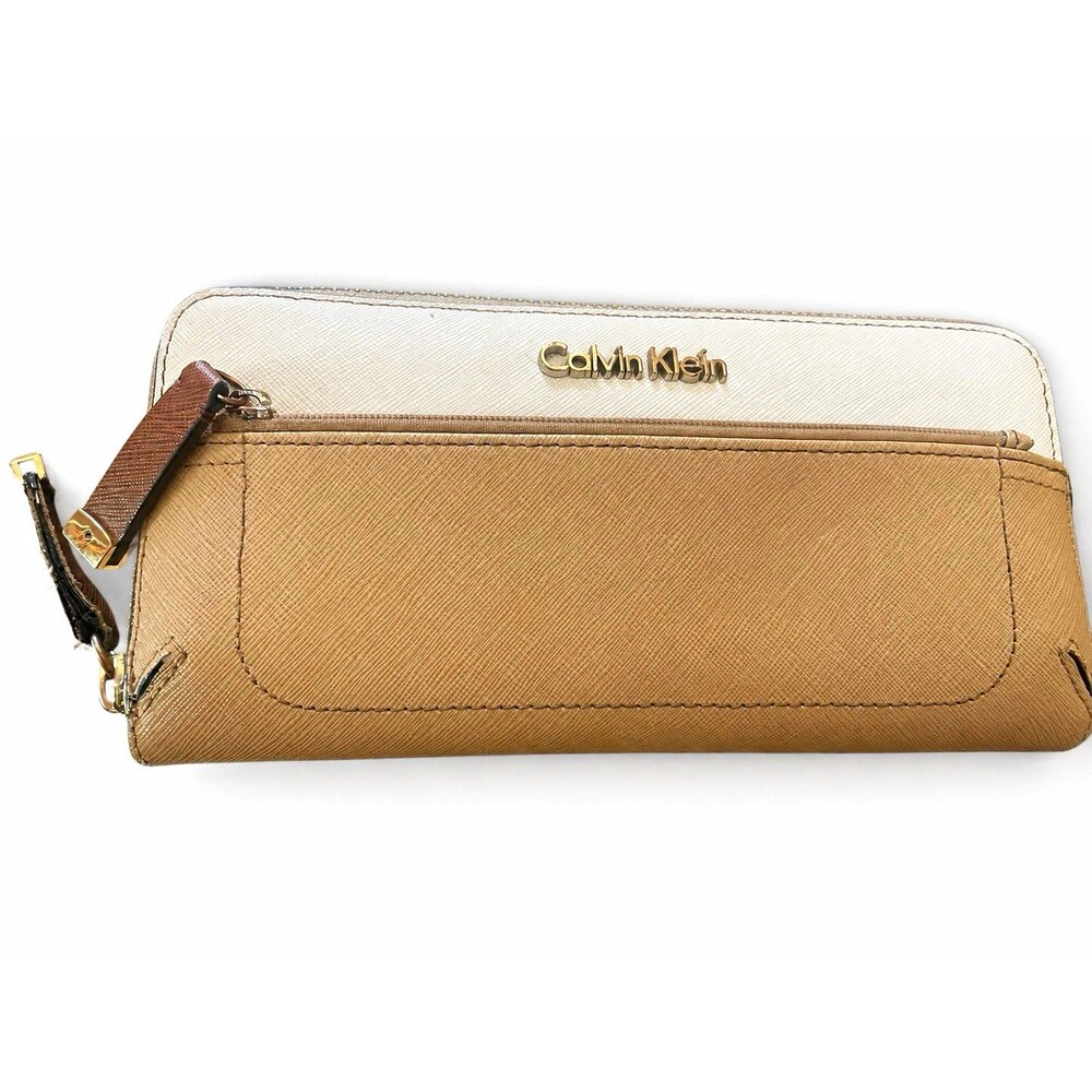 Calvin Klein Women’s Beige/Brown Zip-Around Wristlet Wallet, Logo, Folding